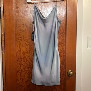 NWT Aritzia BABATON Model Chrome Blue Silky Satin Cowl Neck Mini Dress, Size L